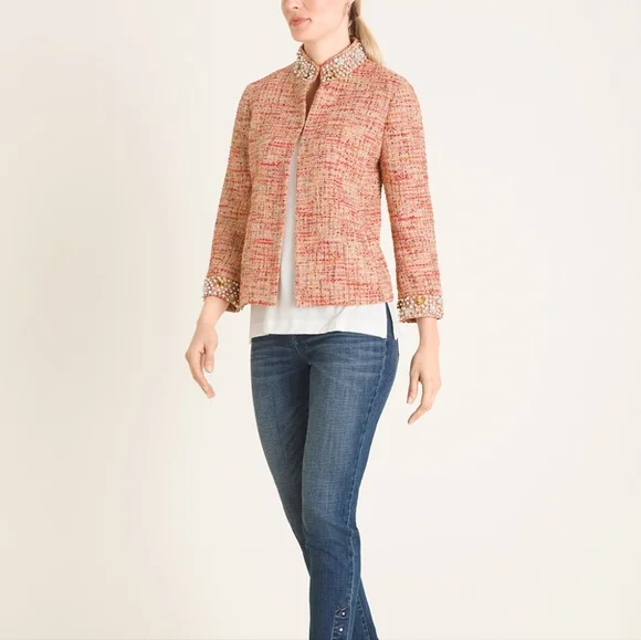 NWT Chico's Tweed Orange Boucle Pearl Sequin Collar Jacket Size 3 US Size L
